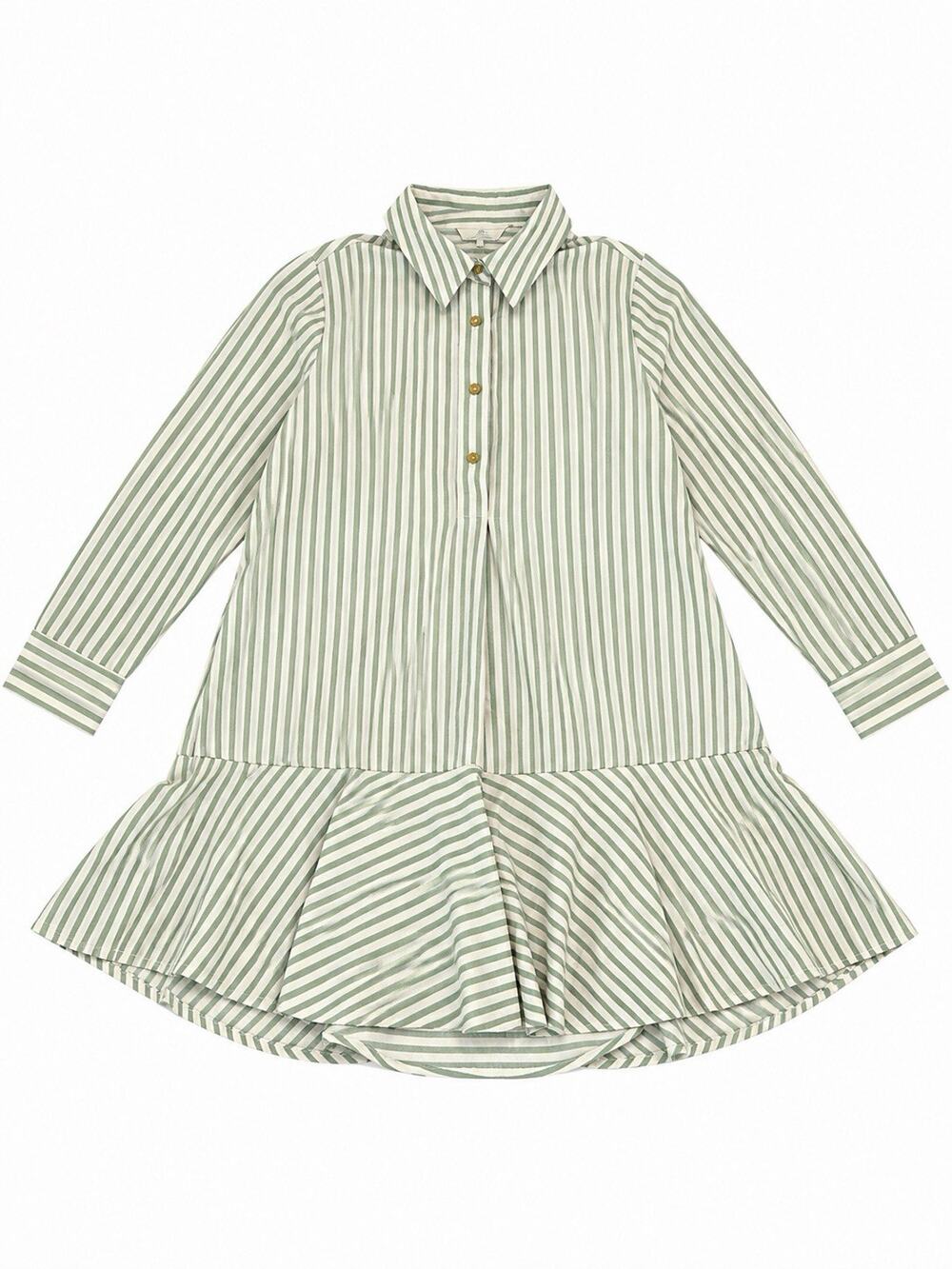 Entro Women’s Medium Green Cream Striped Long Sleeve Shirt Dress Ruffle Hem